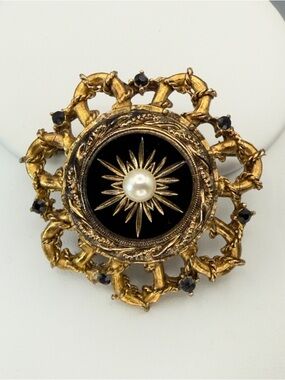 Vintage LJM Victorian Revival Black Glass Faux Pearl Starburst Brooch Signed